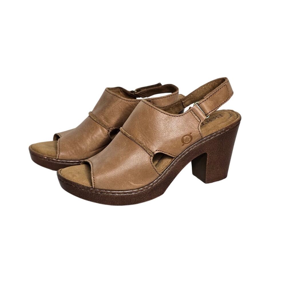 Born Women's 7 M Brown Leather Slingback Sandals Block Heel Open Toe Comfort NWT